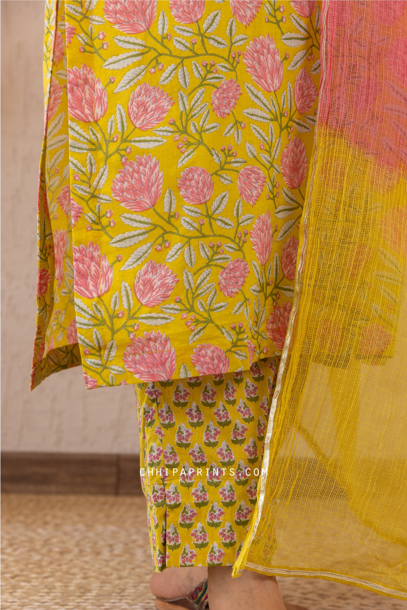 Cotton Mughal Lily Jaal Print Kurta Set in Shades of Yellow & Pink