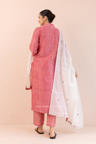 Chanderi Silk Block Print Mahin Stripes Kurta Set in Dark Red