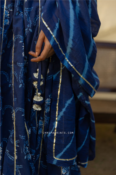 Cotton Jaal Print Kalidar Lehenga Choli Set in Navy Blue