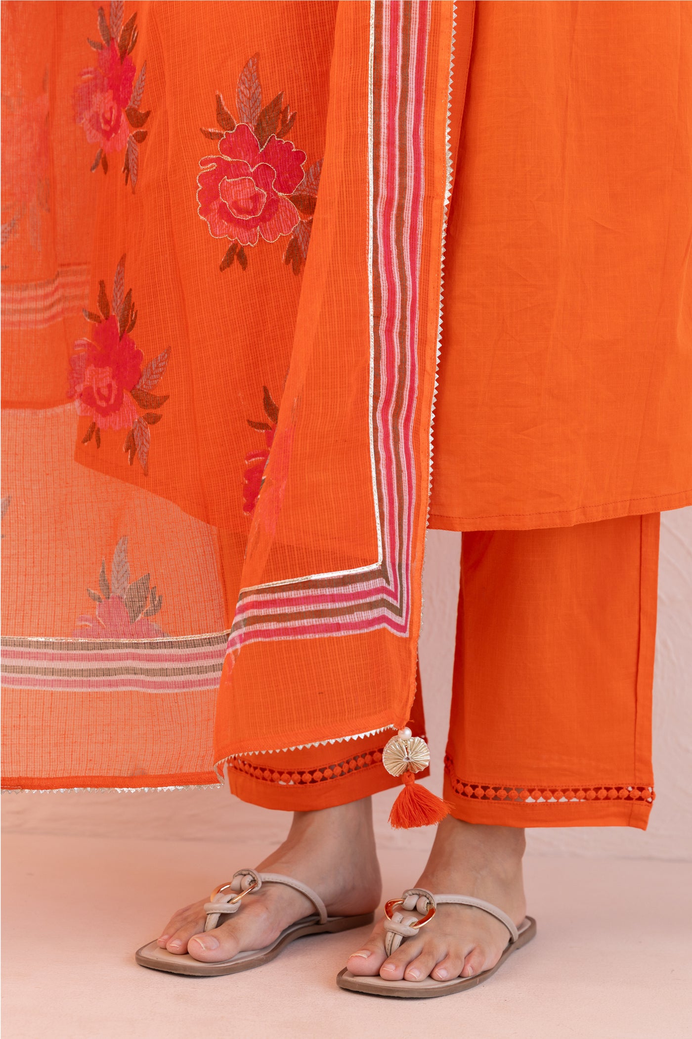 Cotton Slub Plain Dye Angrakha Kurta Set in Gold Flame