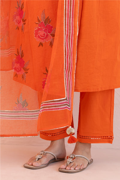 Cotton Slub Plain Dye Angrakha Kurta Set in Gold Flame