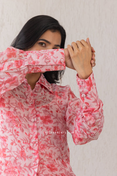 Organza Block Print Gud Jaal Shirt and Pants Co Ord Set in Baby Pink