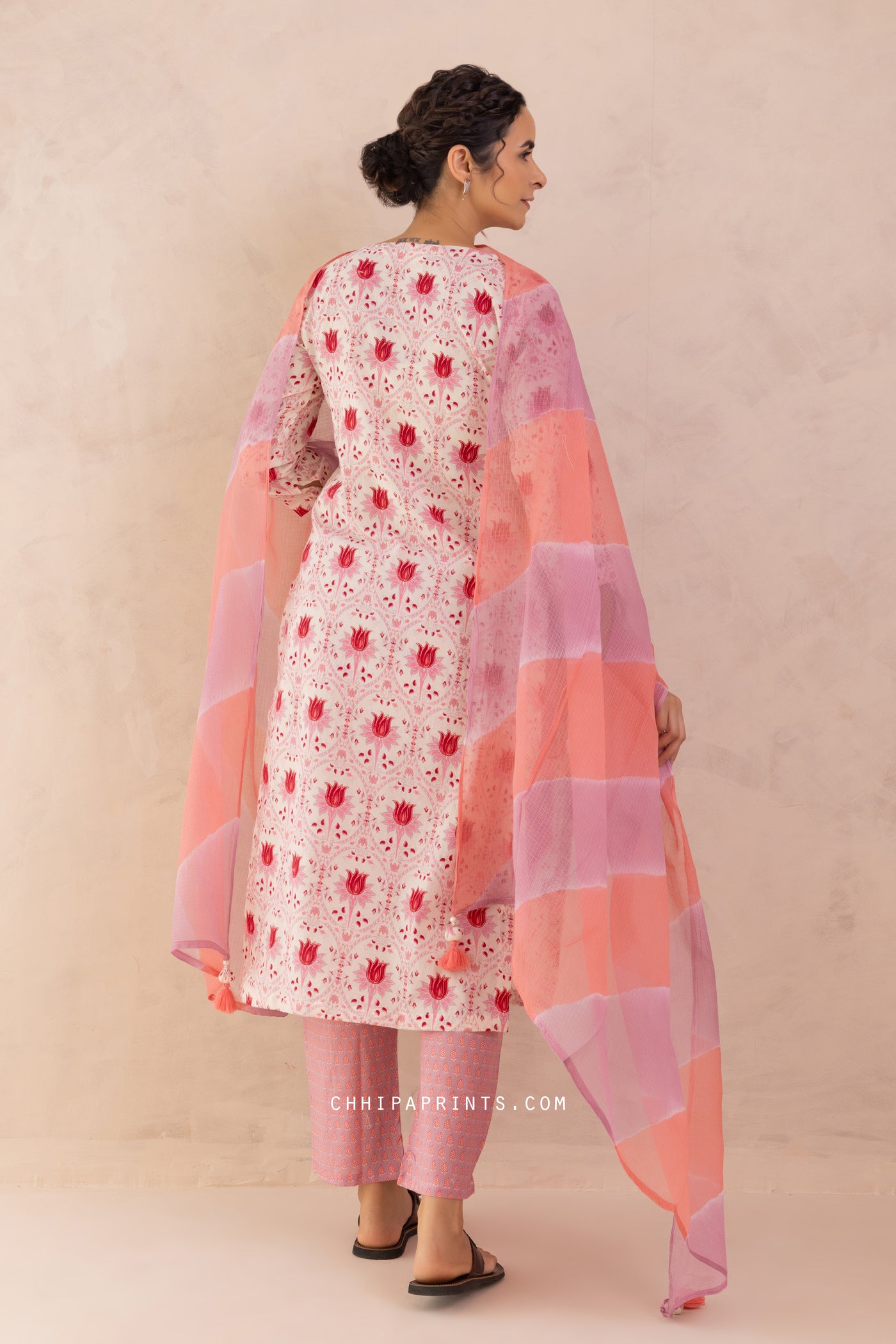 Cotton Hand Printed Lotus Buti Kurta Set in Shades of Pink & Purple
