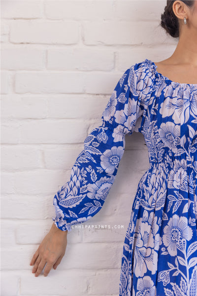 Cotton Mughal Jaal Print Flared Long Dress in Royal Blue
