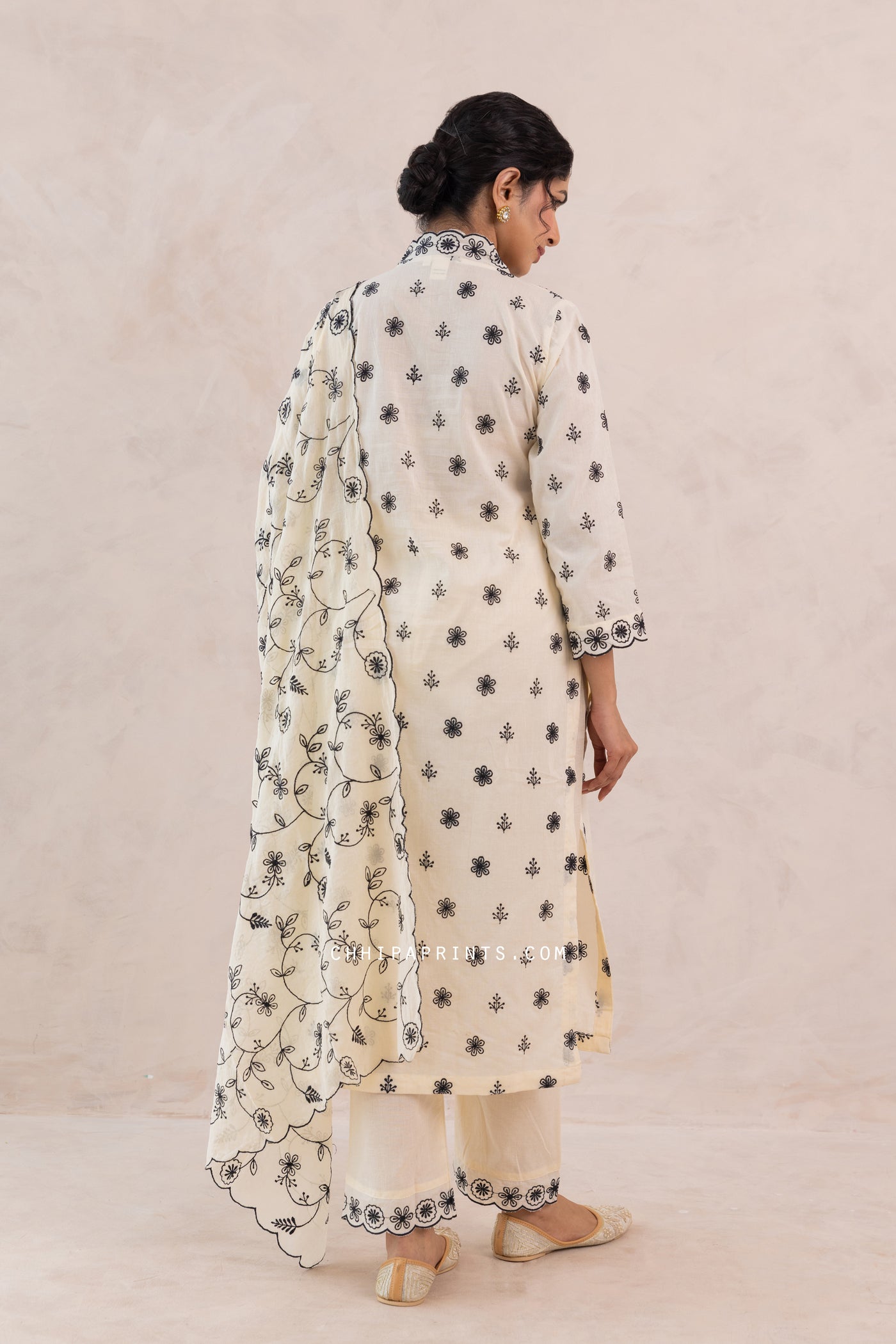 Cotton Jaal & Buti Embroidered Kurta Set in Sweet Corn & Black