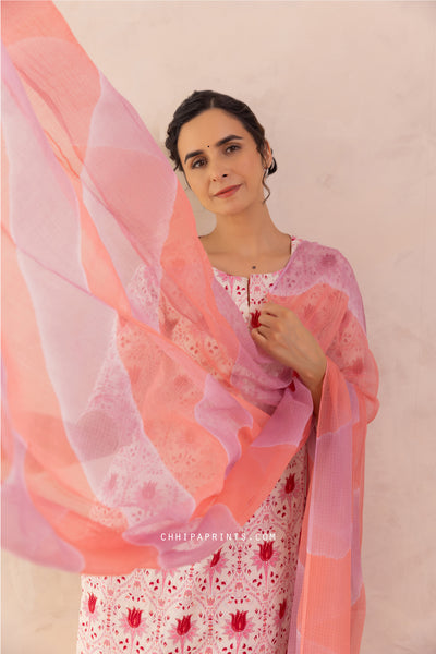 Cotton Hand Printed Lotus Buti Kurta Set in Shades of Pink & Purple