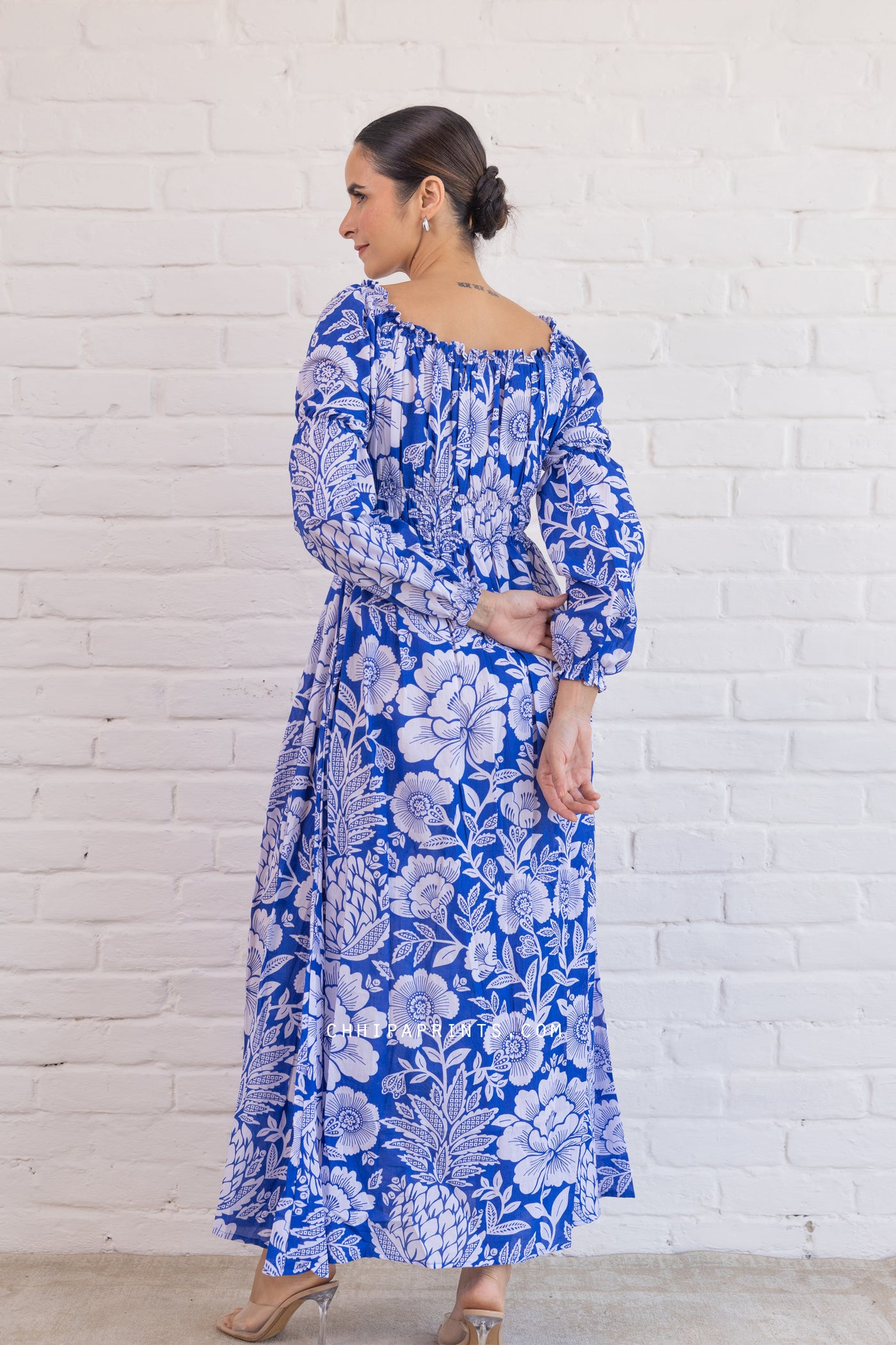 Cotton Mughal Jaal Print Flared Long Dress in Royal Blue