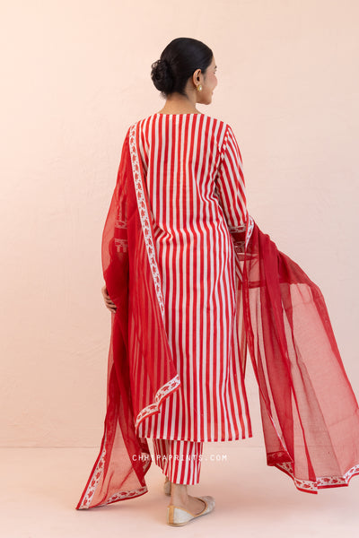 Cotton Stripes Print Front Gather Kurta Set in Racing Red