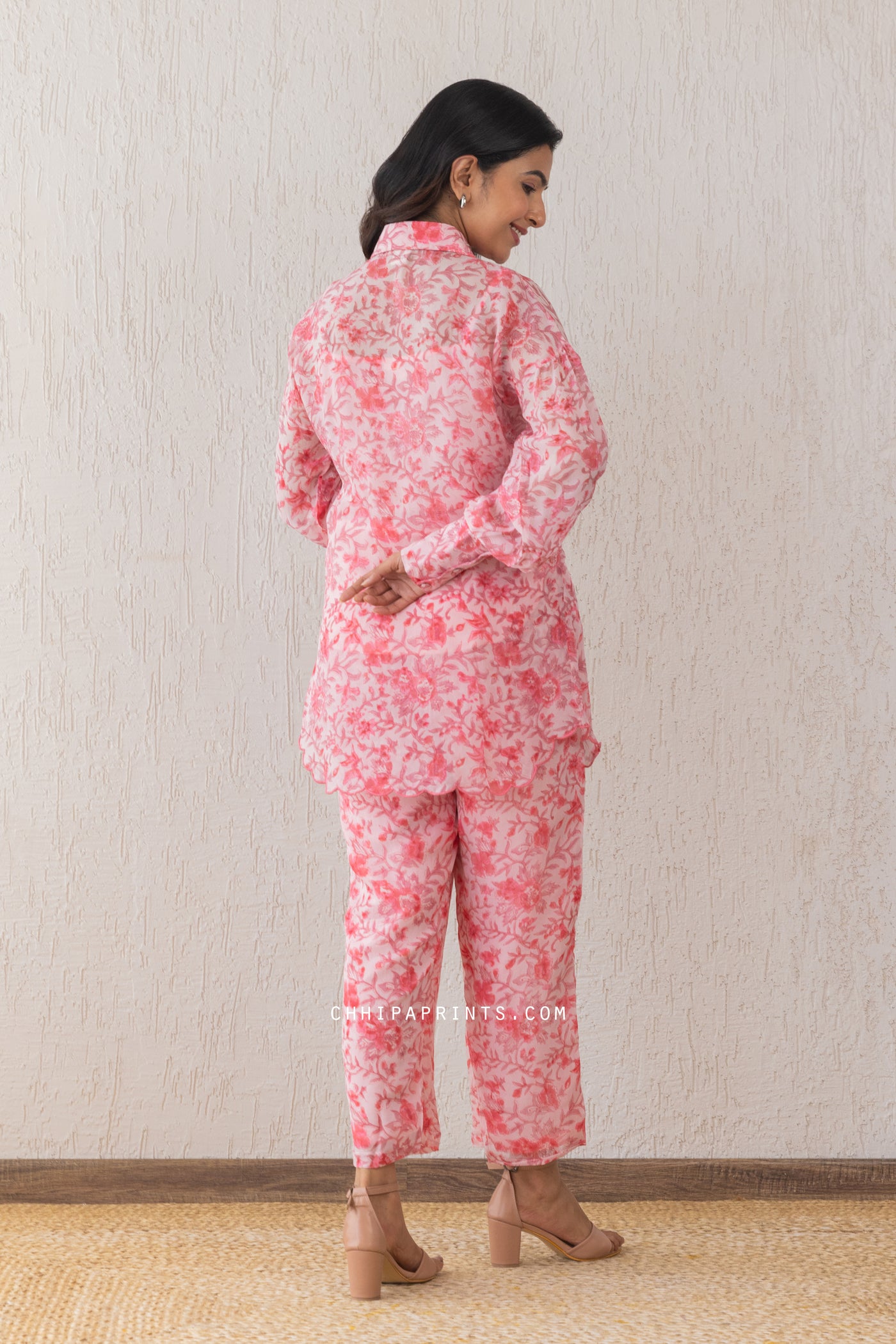 Organza Block Print Gud Jaal Shirt and Pants Co Ord Set in Baby Pink