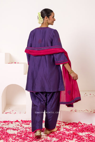 Chanderi Silk Hand Embroidery Kurta Set in Imperial Purple