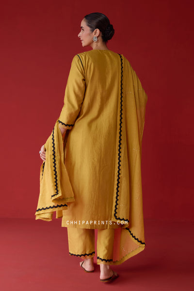 Chanderi Silk Smocking Yoke Kurta Set in Olive Oil