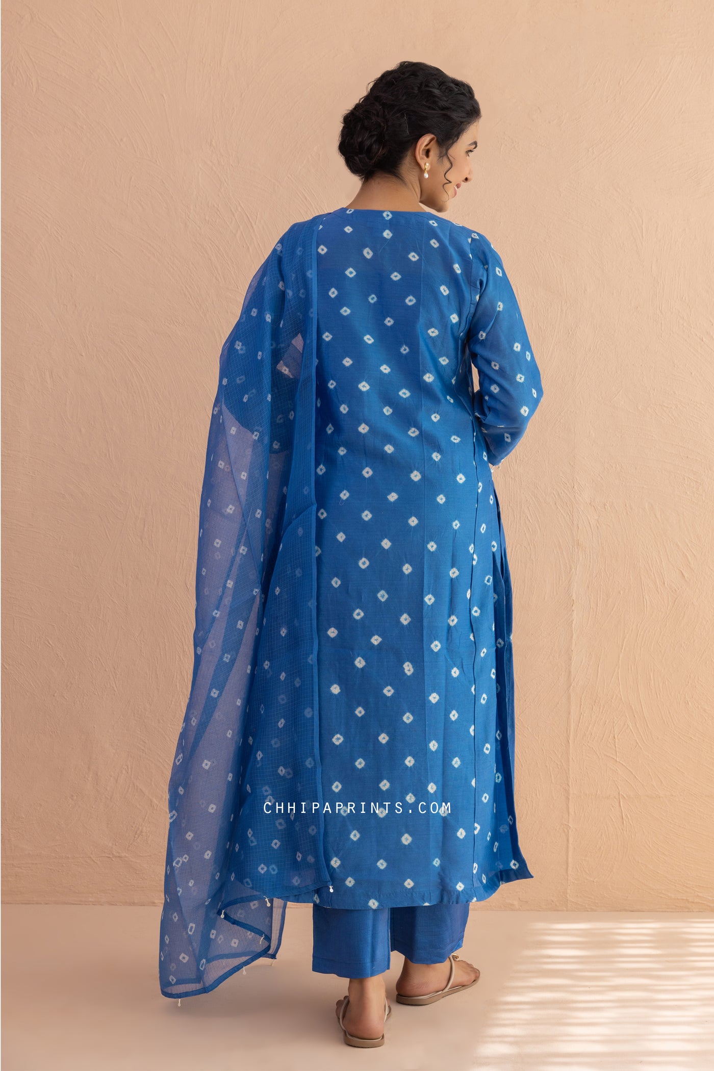 Chanderi Silk Bandhani Kurta Set in Classic Blue (Set of 4)
