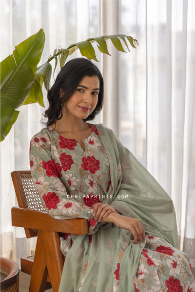 Cotton Lotus Jaal Print Kurta Set in Shades of Sky Grey