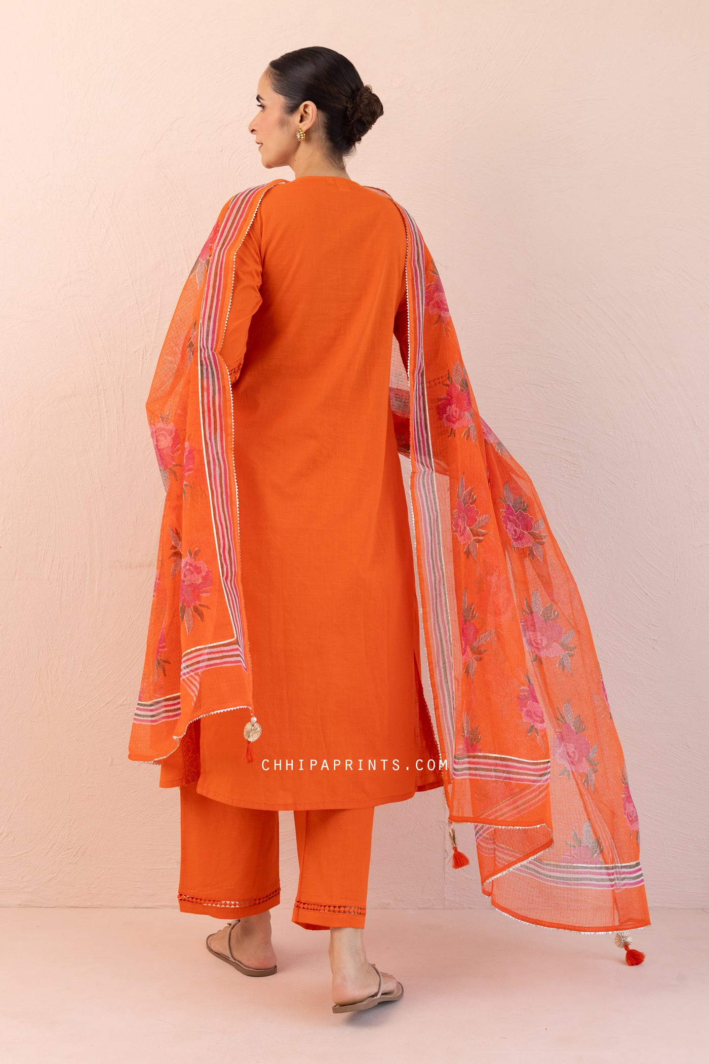 Cotton Slub Plain Dye Angrakha Kurta Set in Gold Flame