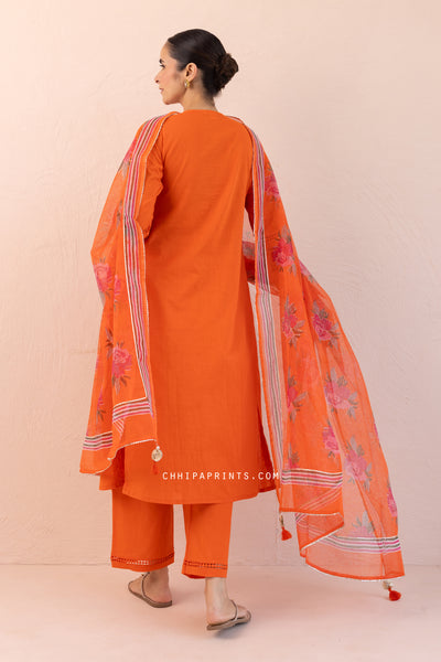 Cotton Slub Plain Dye Angrakha Kurta Set in Gold Flame