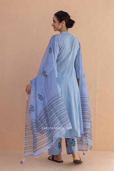 Cotton Block Print Matka Anarkali Kurta Set in Baby Blue