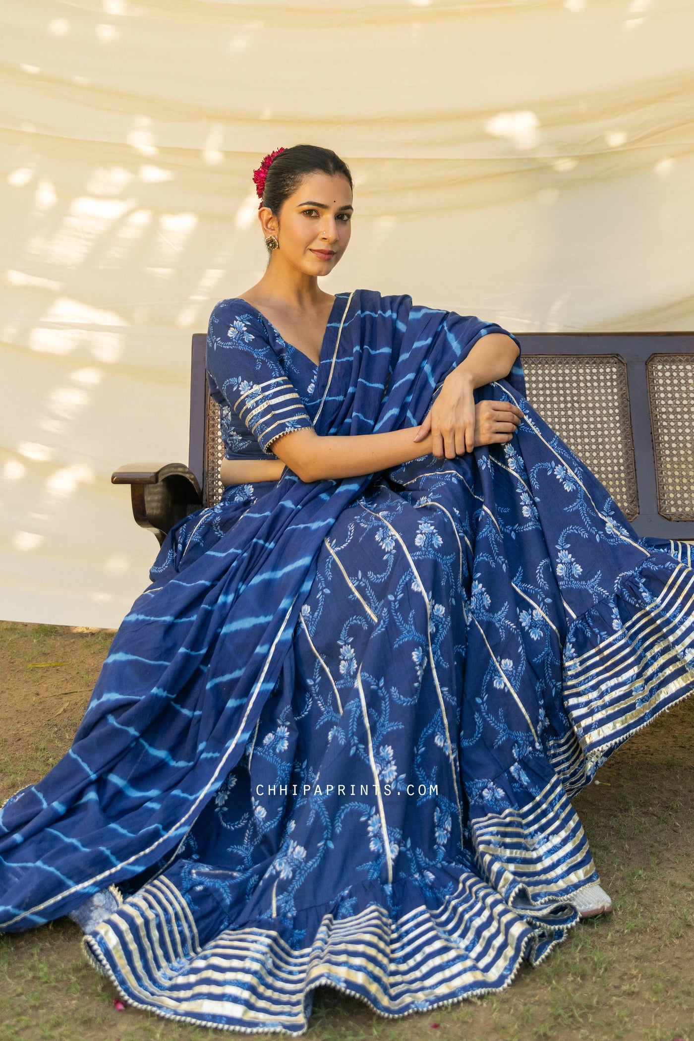 Cotton Jaal Print Kalidar Lehenga Choli Set in Navy Blue