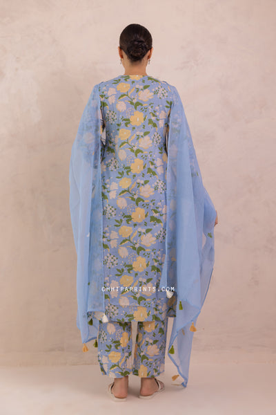 Cotton Mahin Jaal Print Kurta Set in Shades of Baby Blue & Green