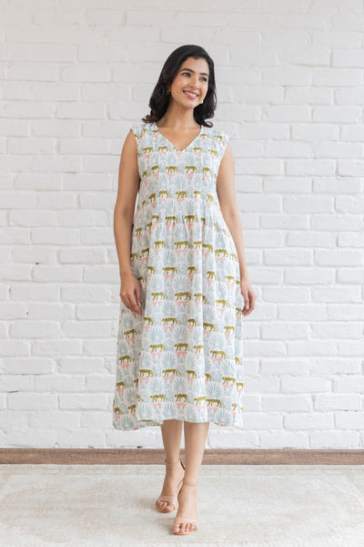 Cotton Jungle Print Midi Dress & Overlay in Shades of Green