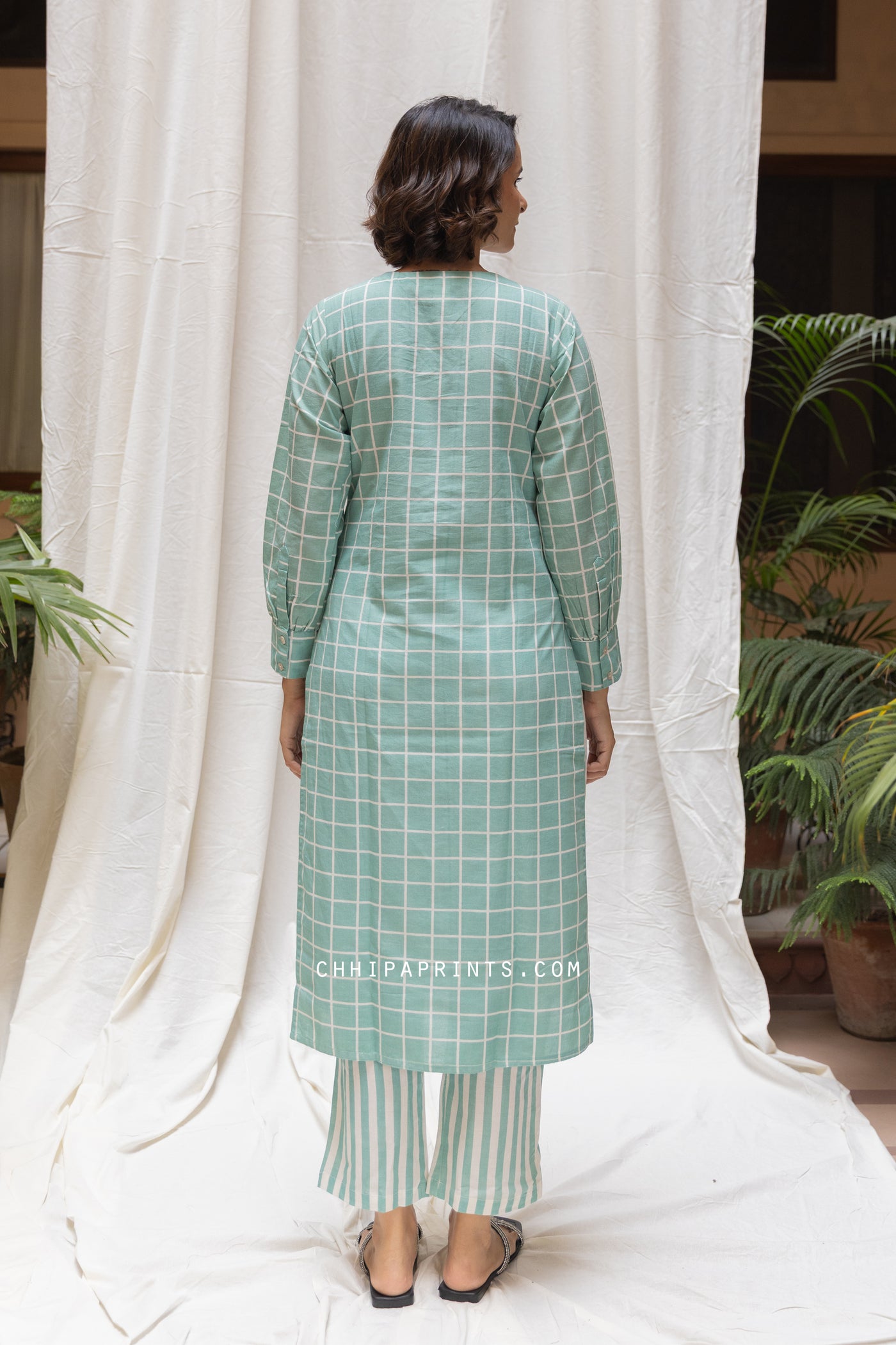 Cotton Checks Print Kurta & Stripe Pants Co Ord Set in Mint Green