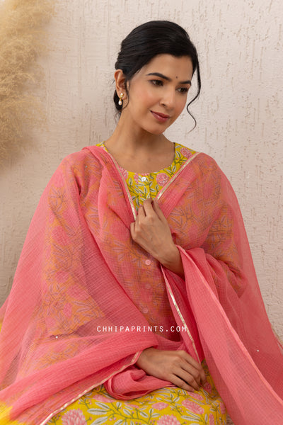 Cotton Mughal Lily Jaal Print Kurta Set in Shades of Yellow & Pink