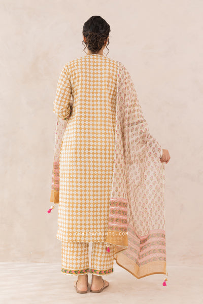 Cotton Block Print Checks Front Gather Kurta Set in Beige