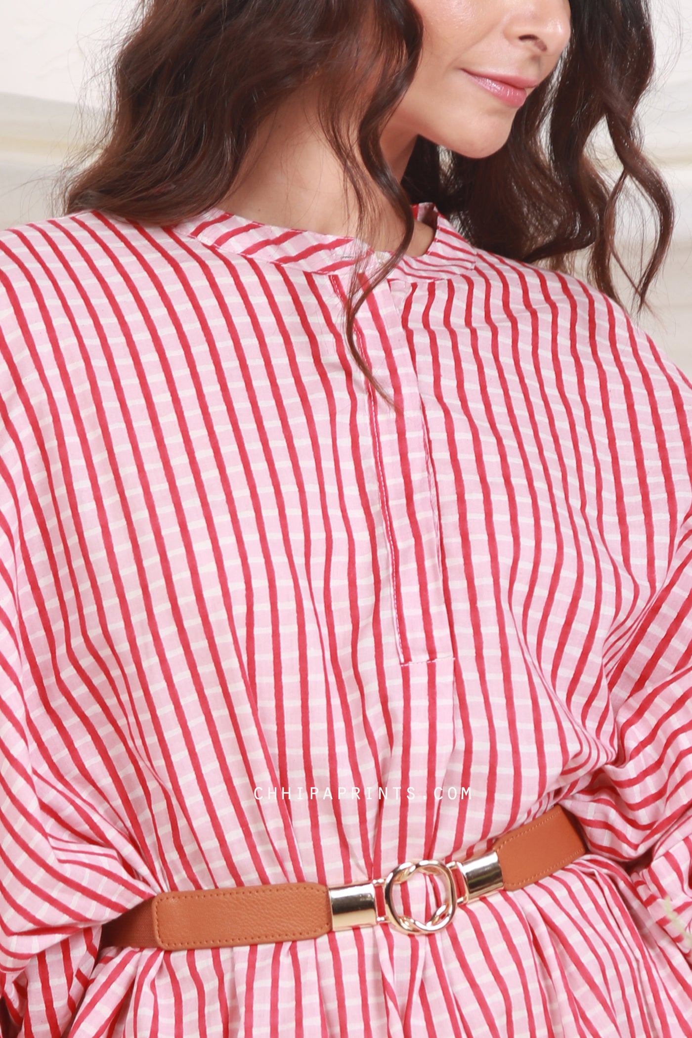 Cotton Checks Print Sunday Tunic in Shades of Red and White