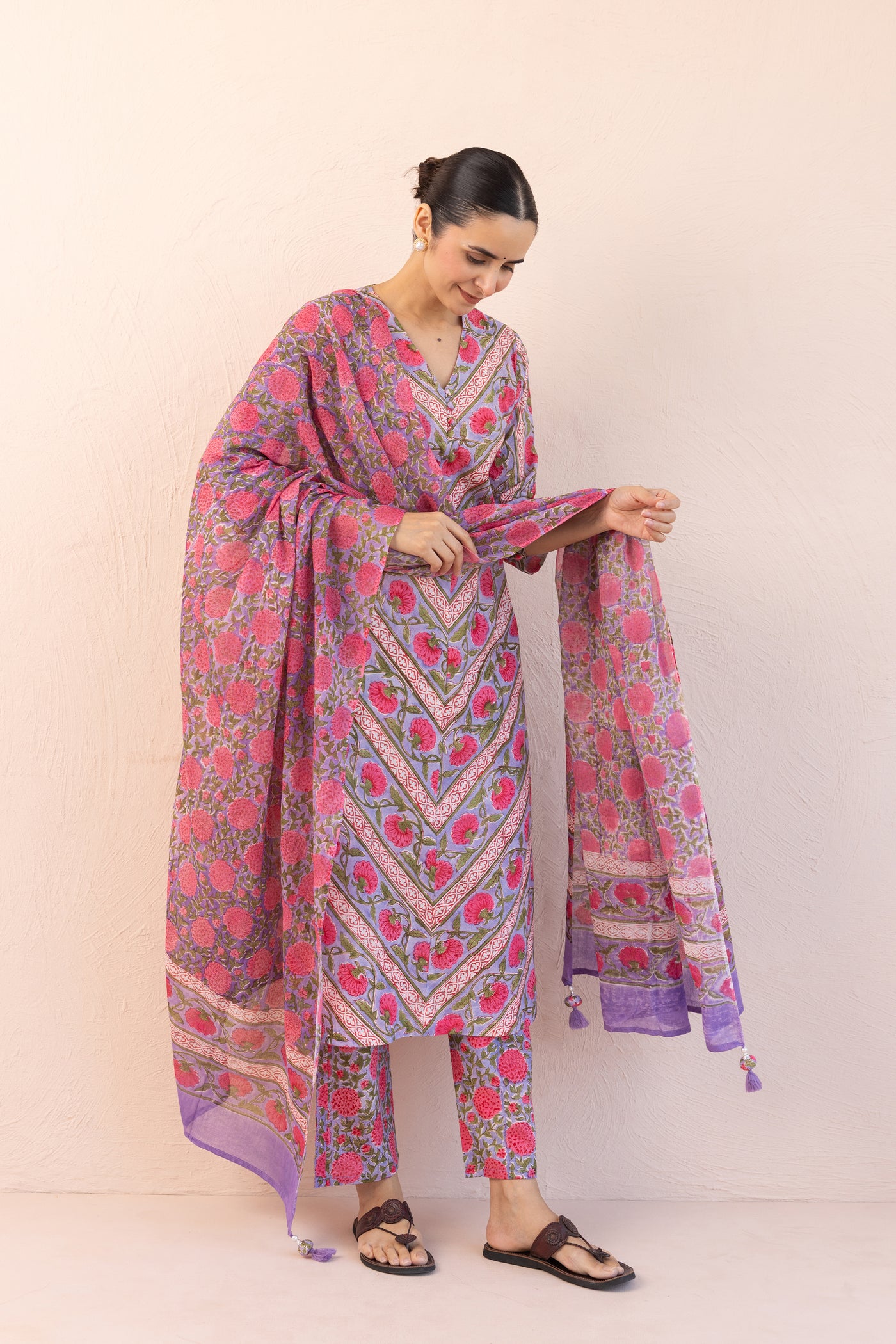 Cotton Block Print Parcha Border Kurta Set in Muted Lavender