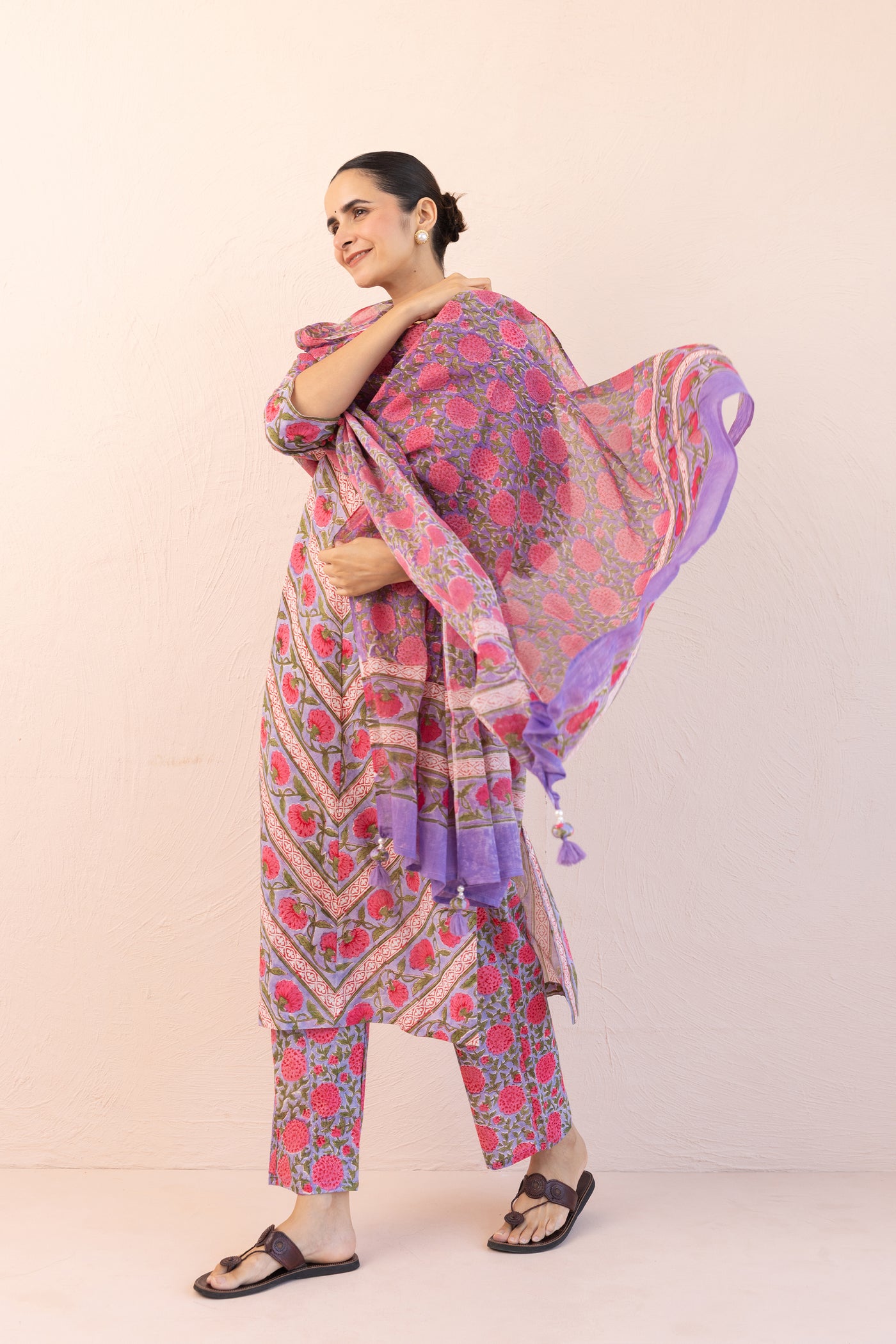 Cotton Block Print Parcha Border Kurta Set in Muted Lavender