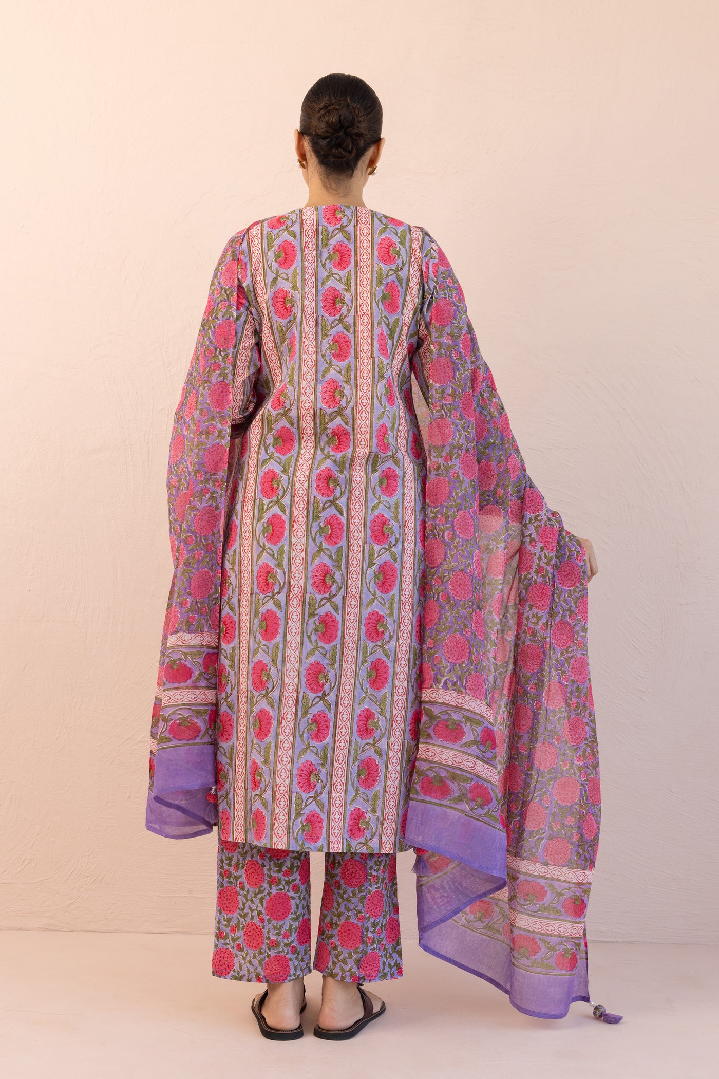 Cotton Block Print Parcha Border Kurta Set in Muted Lavender