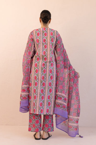 Cotton Block Print Parcha Border Kurta Set in Muted Lavender