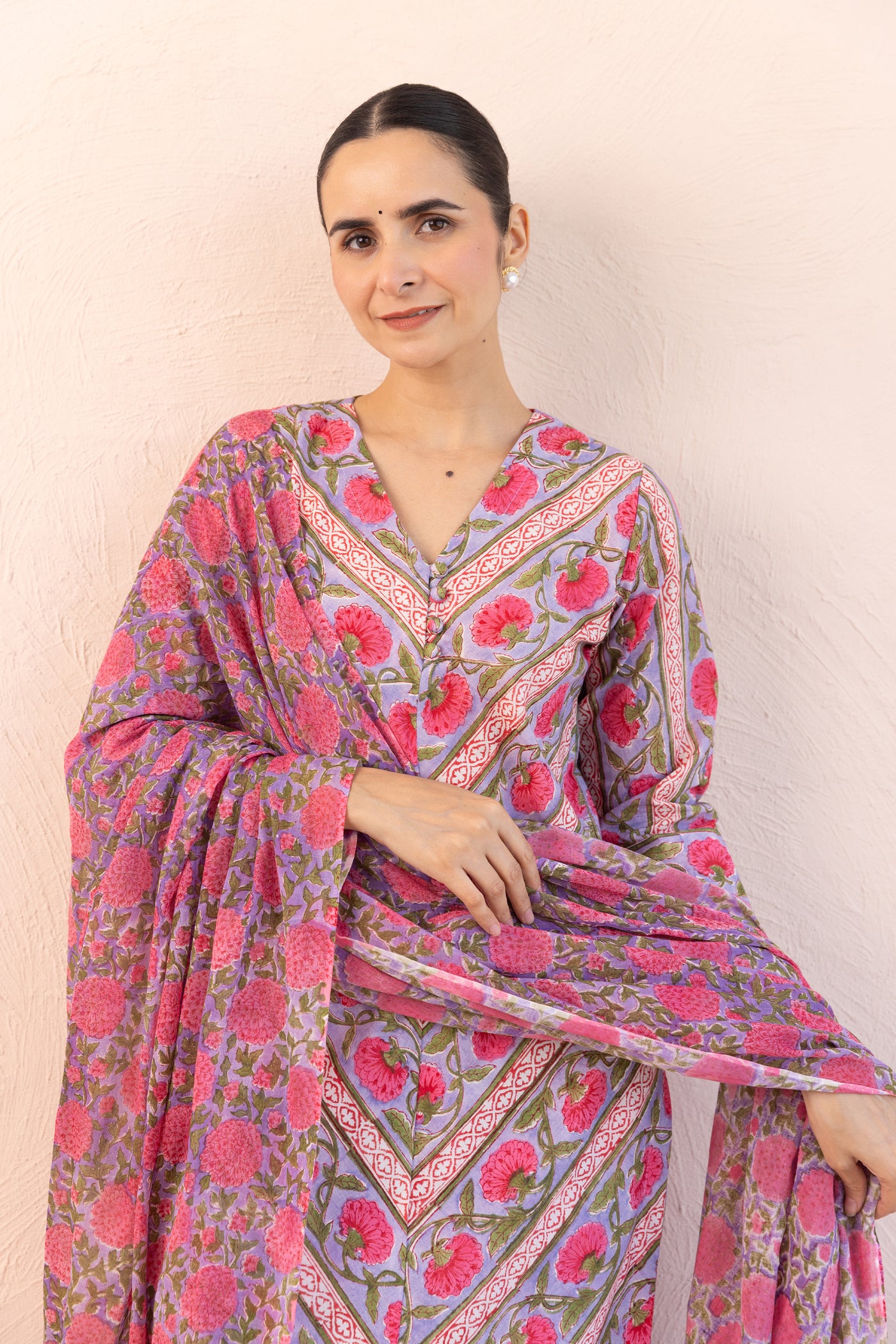 Cotton Block Print Parcha Border Kurta Set in Muted Lavender