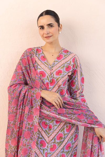 Cotton Block Print Parcha Border Kurta Set in Muted Lavender