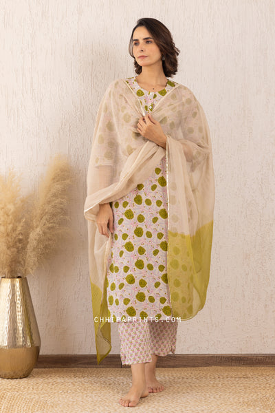 Cotton Mughal Lily Jaal Print Kurta Set in Shades of Beige & Green