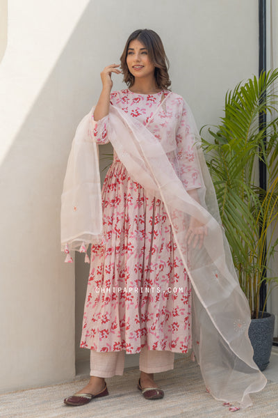 Cotton Printed Fit and Flare Angrakha Kurta Set in Shades of Beige and Red