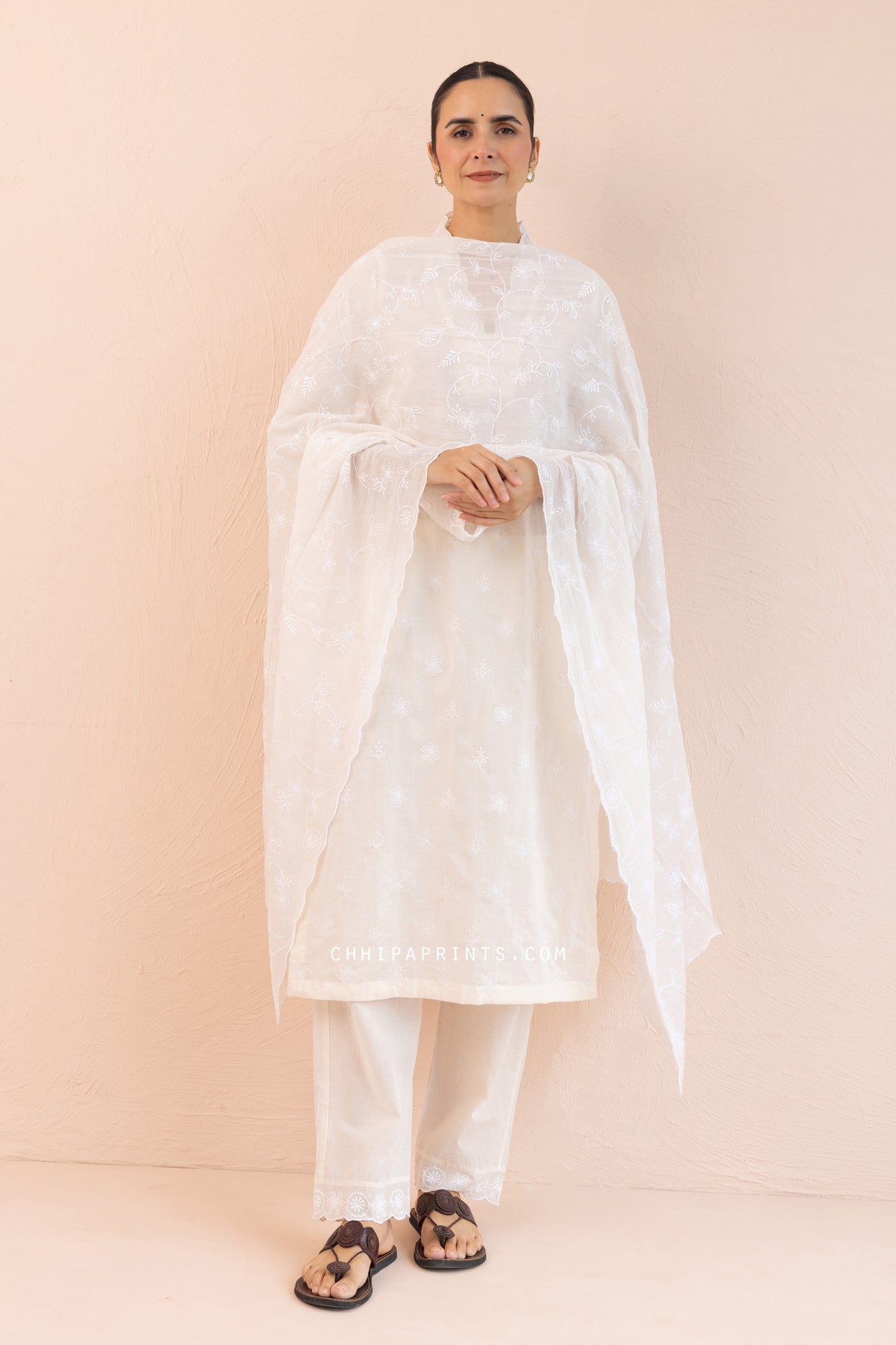 Cotton Jaal & Buti Embroidered Kurta Set in Tofu White