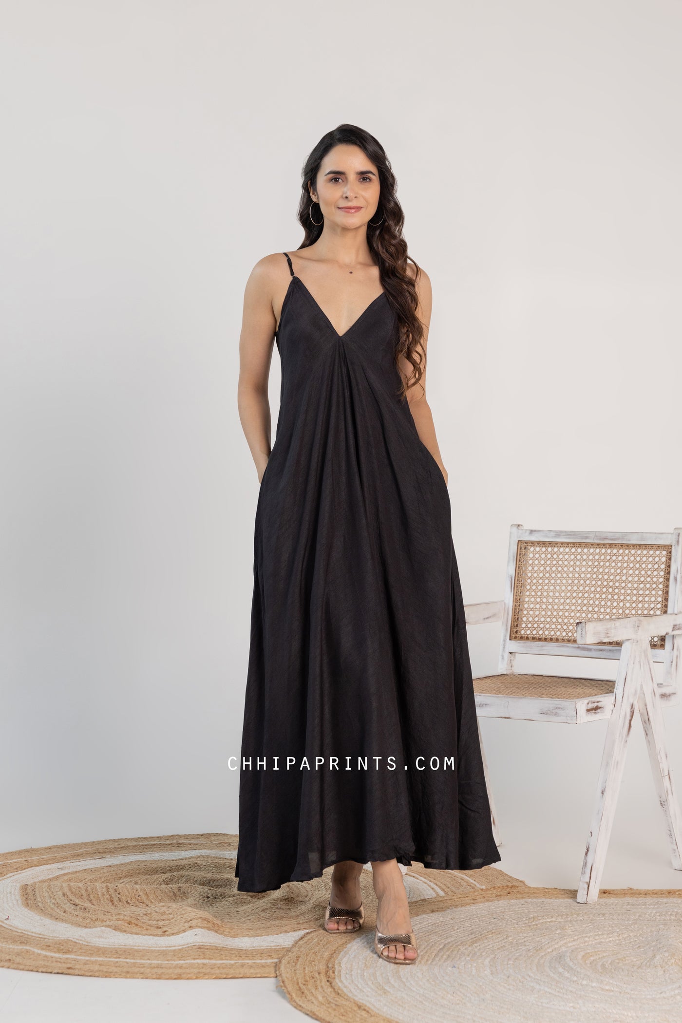 Raw Silk V Neck Strappy Dress in Solid Black