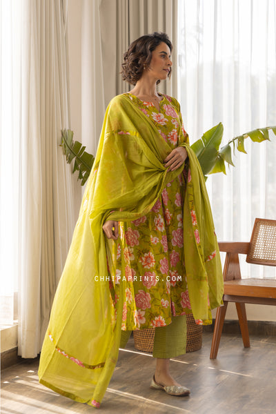 Cotton Lotus Jaal Print Kurta Set in Shades of Lime Green