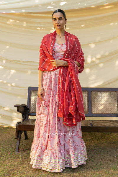 Cotton Jaal Print Kalidar Lehenga Choli Set in Mauve Red