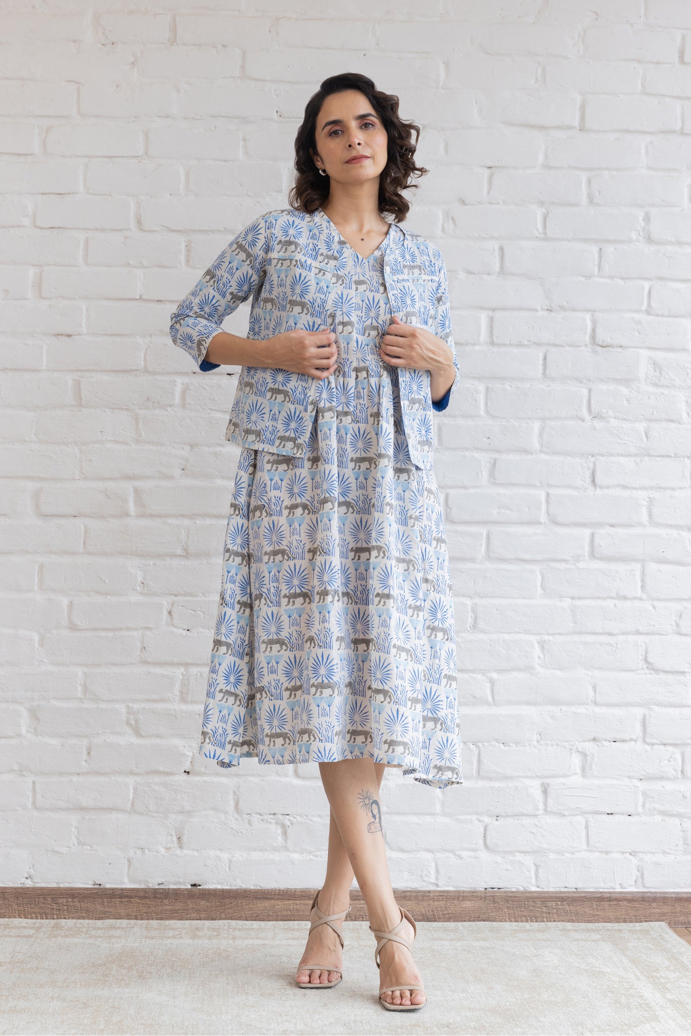 Cotton Jungle Print Midi Dress & Overlay in Shades of Blue