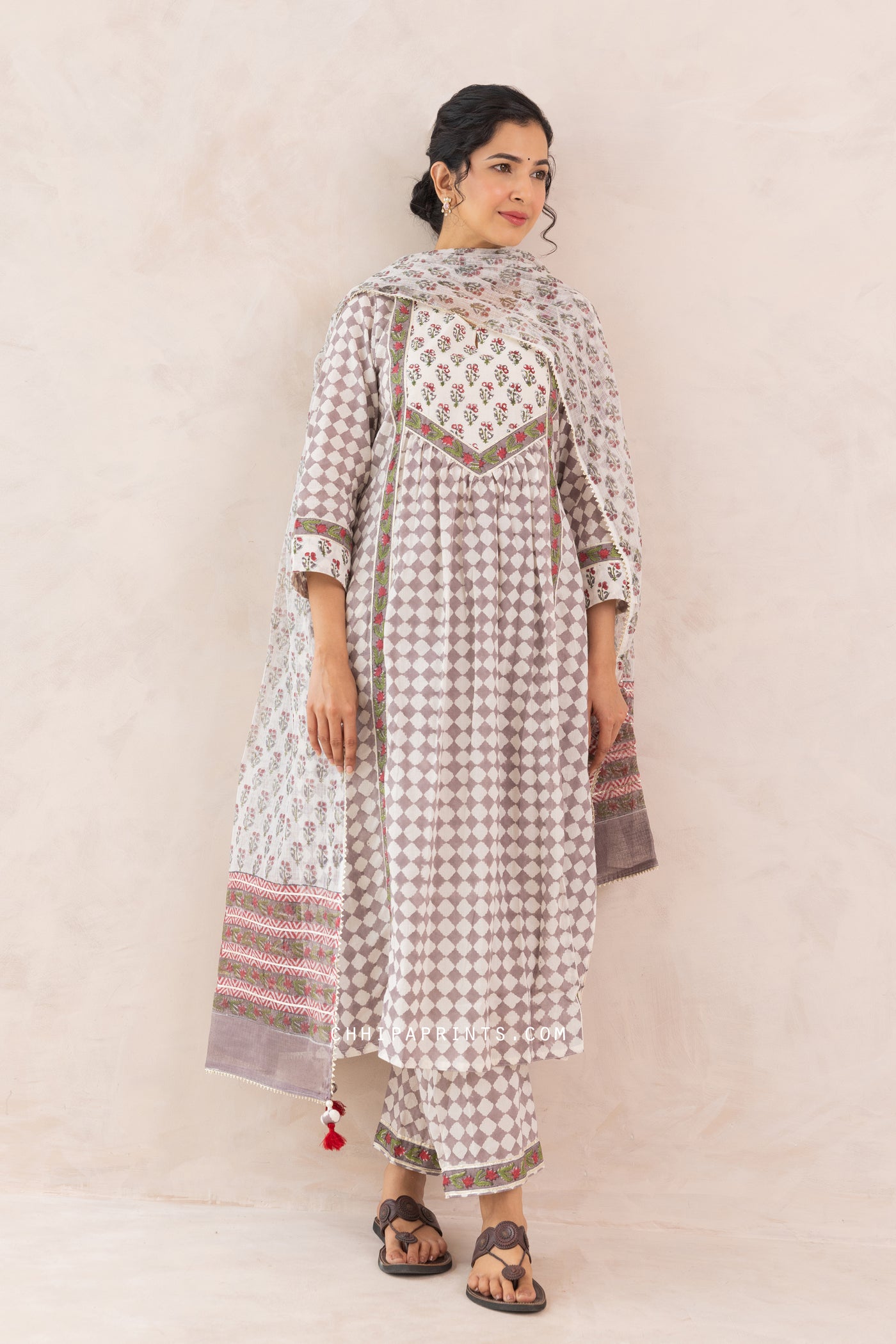 Cotton Block Print Checks Front Gather Kurta Set in Grey