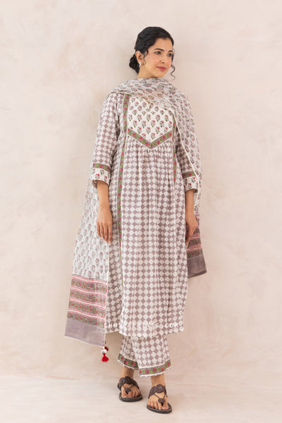 Cotton Block Print Checks Front Gather Kurta Set in Grey