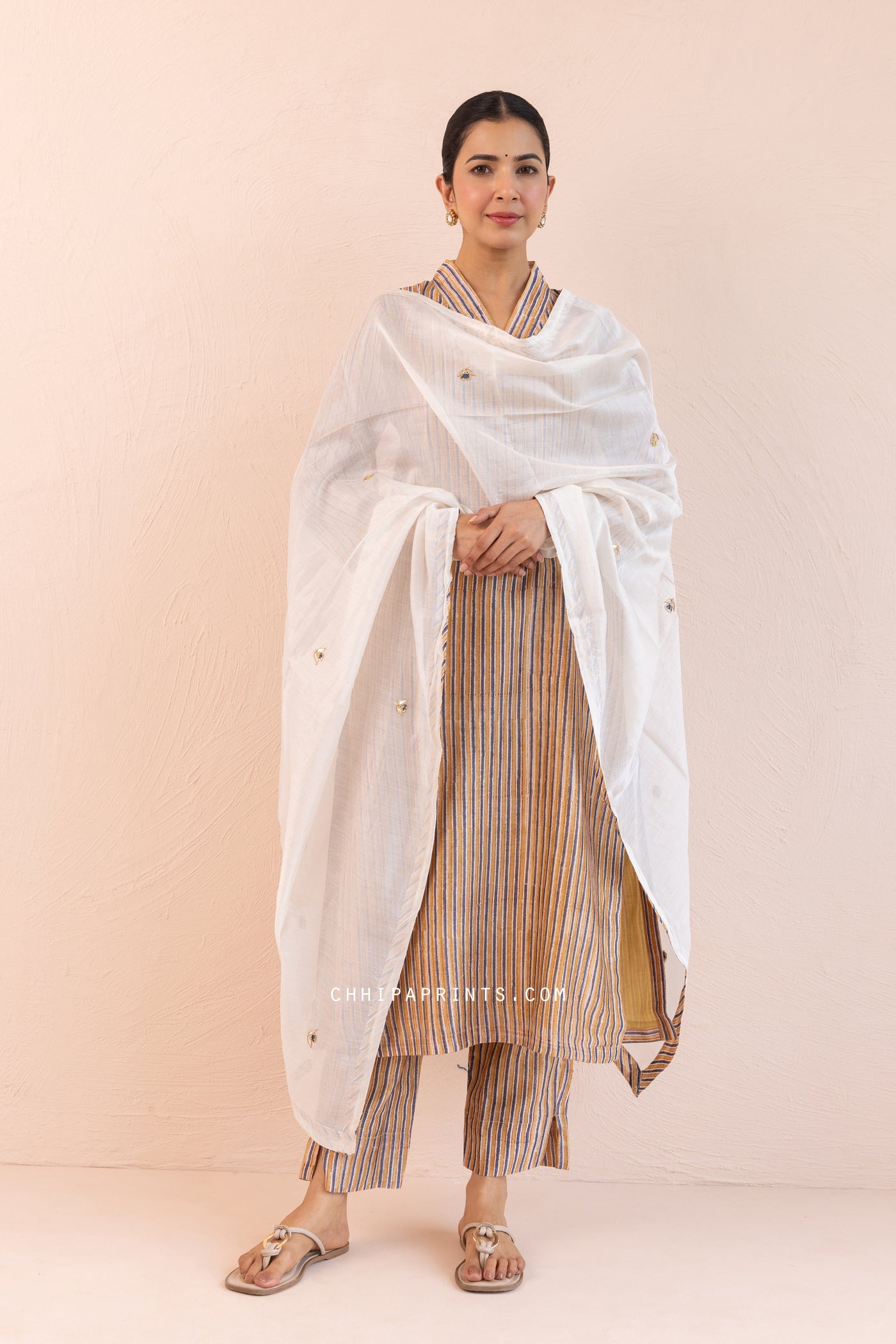 Chanderi Silk Block Print Mahin Stripes Kurta Set in Bronze Mist