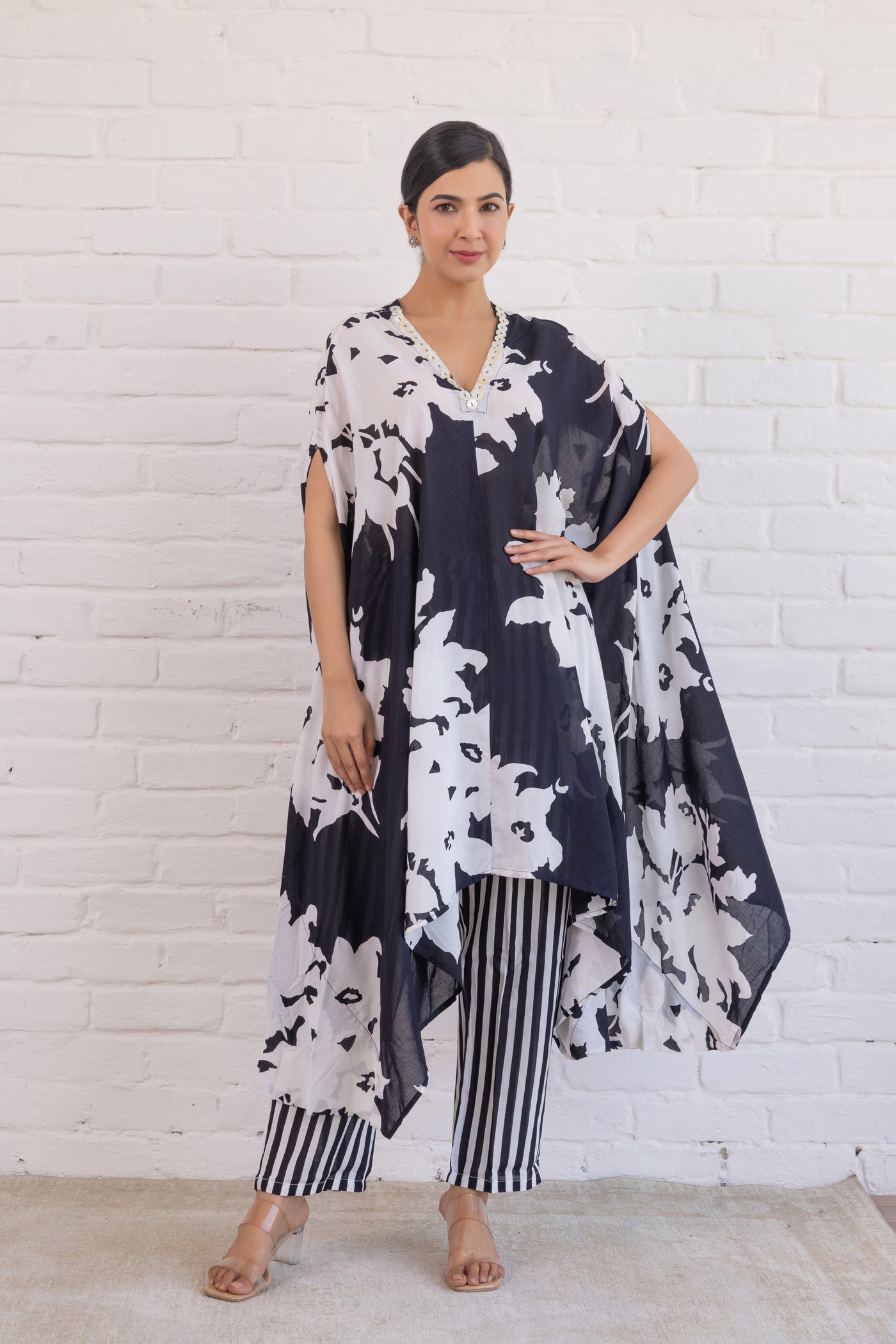 Cotton Hand Printed Asymmetrical Kaftan and Pant Co Ord Set in Black