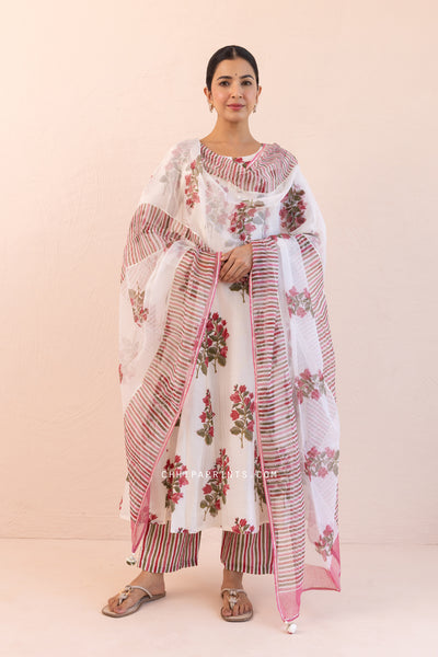 Chanderi Silk Block Print Chintz Long Kurta Set in Berry Red