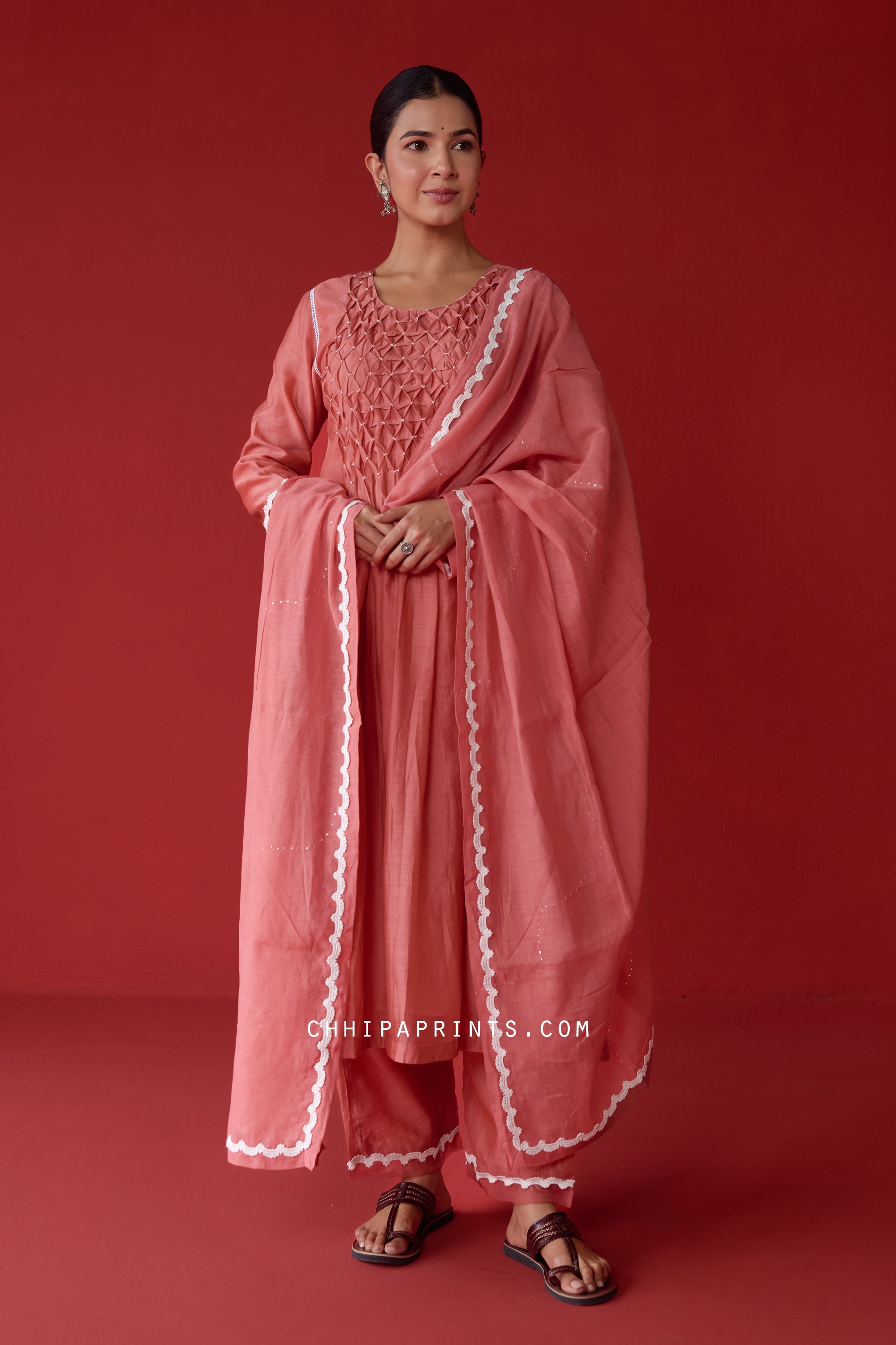 Chanderi Silk Smocking Yoke Kurta Set in Faded Rose – ChhipaPrints
