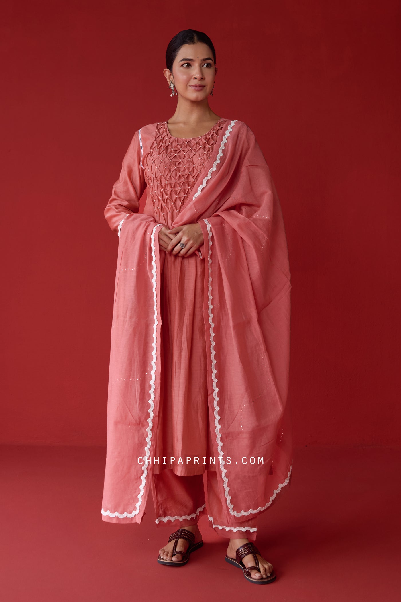 Chanderi Silk Smocking Yoke Kurta Set in Faded Rose