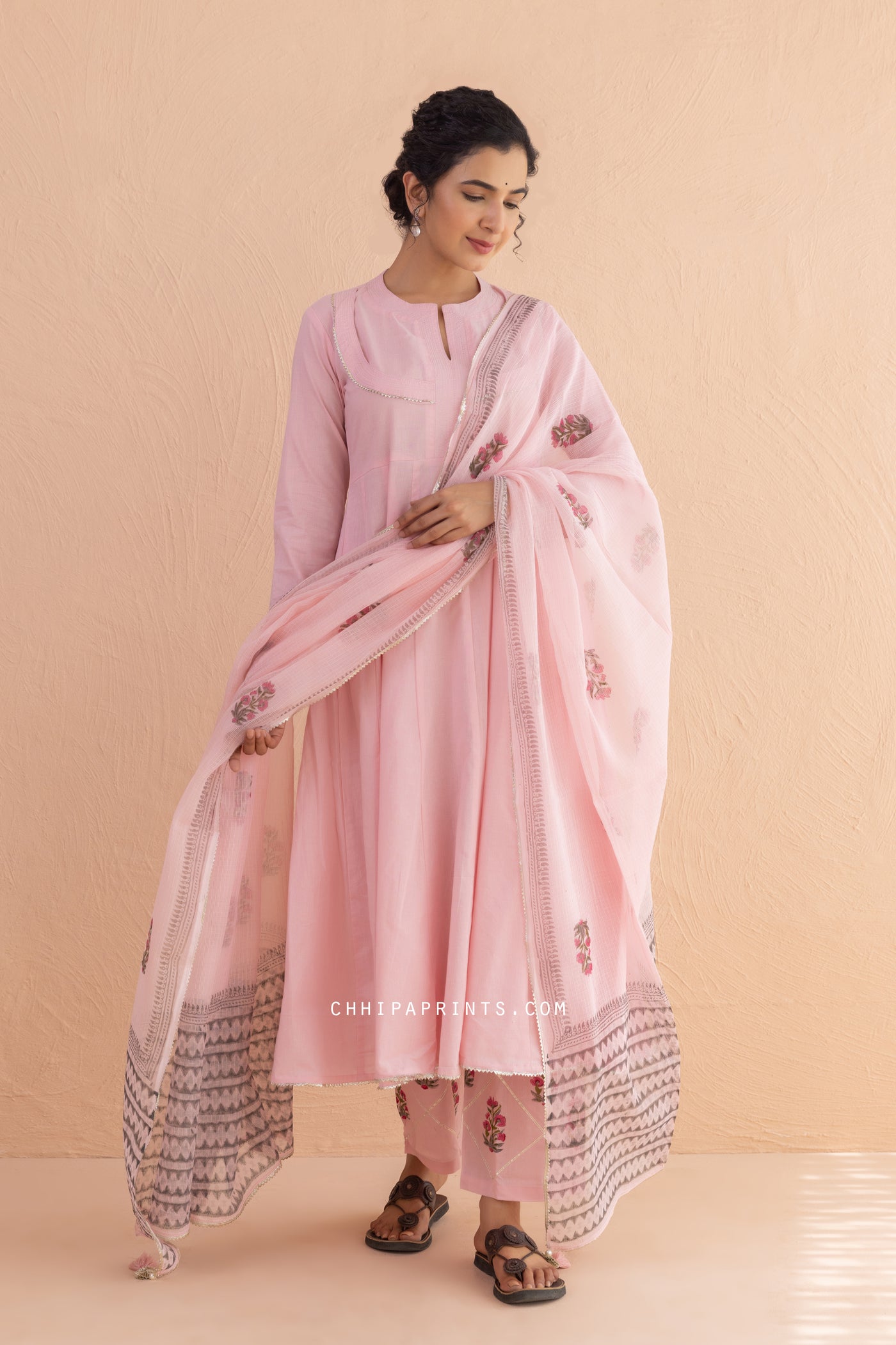Cotton Block Print Matka Anarkali Kurta Set in Baby Pink