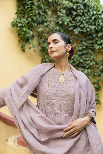 Linen Gauze Hand Embroidered A line Gather Kurta Set in Lavender Frost