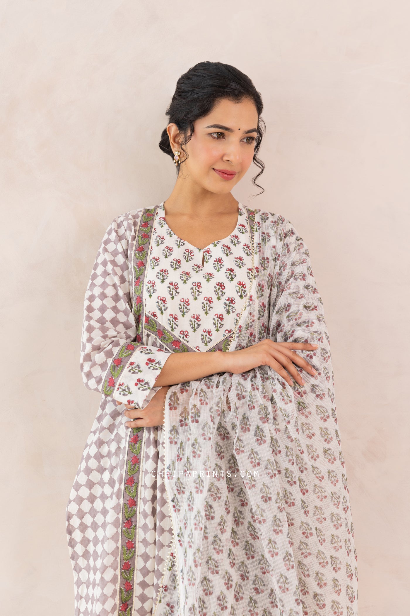 Cotton Block Print Checks Front Gather Kurta Set in Grey